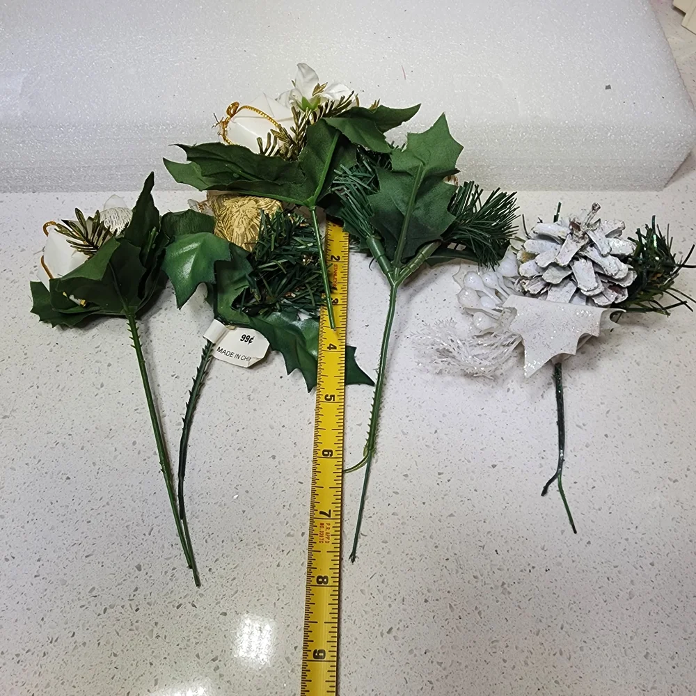 Vintage Floral  Gold White and Green Holiday Picks 5pieces